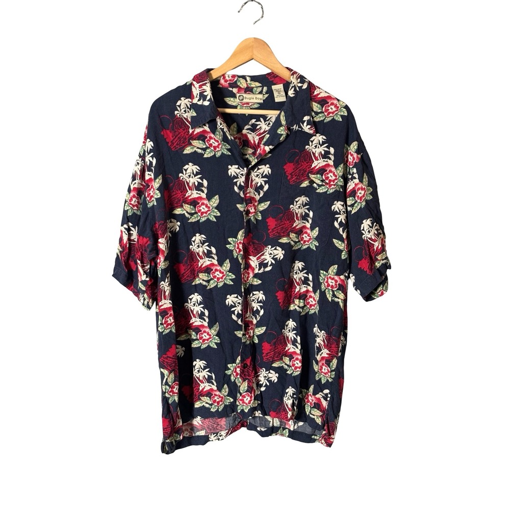 Bugle Boy Vintage Tropical Floral Rayon Button Down Shirt Mens XL Navy‎ Red